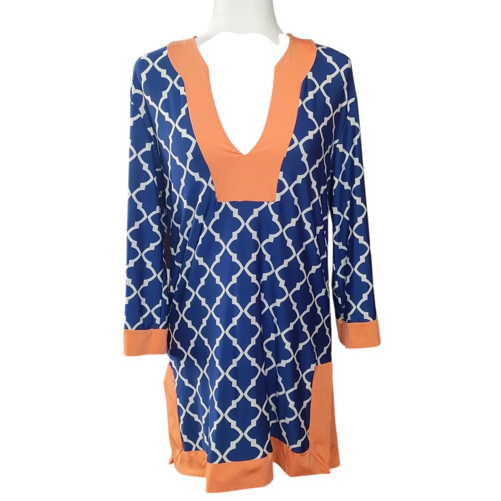 Cremieux Blue Orange Geometric STunic Top Trellis V-Neck Mod Retro Size Medium‎